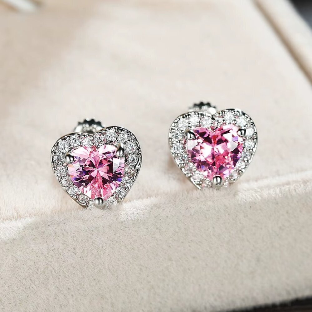 NEW 14k White Gold Pink Sapphire Diamond Earrings Heart Stud Earrings - Picture 4 of 6
